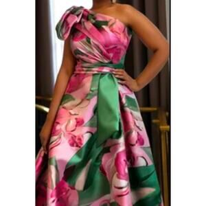 Elegant pink & green one shoulder plus size cocktail dress  by X Plus size XL